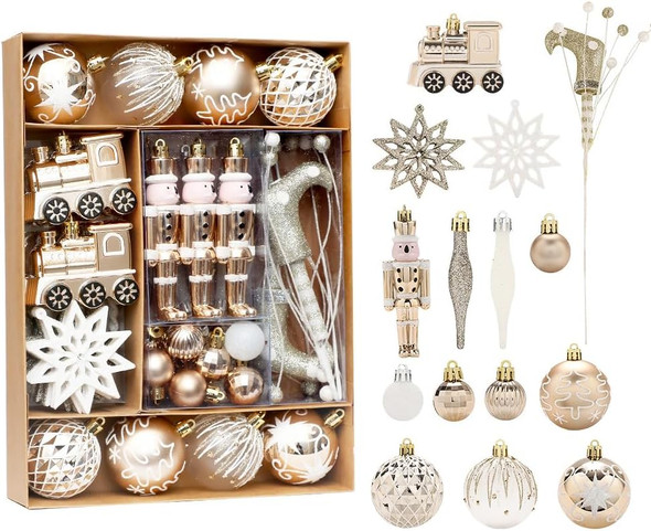 50 Pcs Christmas Ball Ornaments Sets, Shatterproof Baubles for Christmas Tree Decorations, Printed Hanging Balls for Holiday Festival Party Decoration (Champagne)