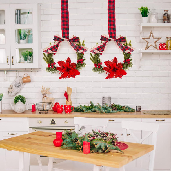 Mini Christmas Wreaths for Kitchen Cabinets - 2 Pcs 10 Inch Small Cabinet Wreath with Plaid Bow Ribbon, Norfolk Pine, Red Berry for Xmas Fireplace Window Farmhouse Indoor Home Wall Decorations