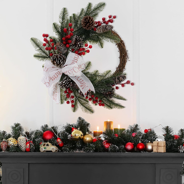 Cedar Christmas Wreaths with Red Berry - 15 Inch Winter Norfolk Pine Wreath with Bow, Pine Cones, Grapevine for Xmas Holiday Home Front Door Indoor Wall Decorations