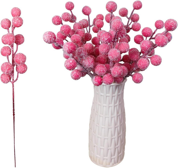 Artificial Snow Berry, 24 pcs Christmas Berries Stems, Artificial Christmas Picks,Artificial Berries Stems for Xmas Tree Ornaments Wreath Decorations Home (Pink)