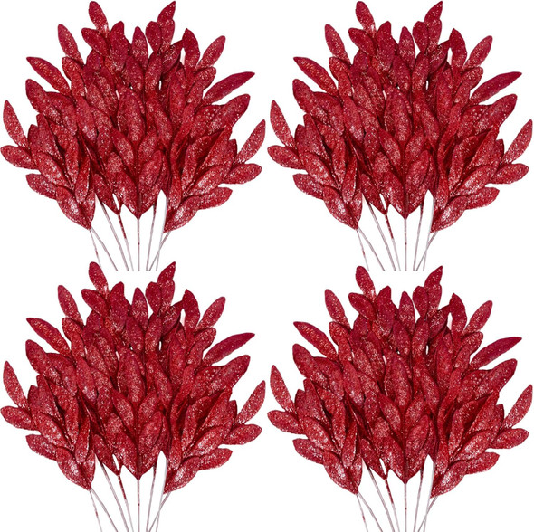 Krissing 60 pcs Christmas Glittered Red Leaves, 13" Artificial Glitter Christmas Tree Branches and Sprays for DIY Wreath Christmas Tree Decorations