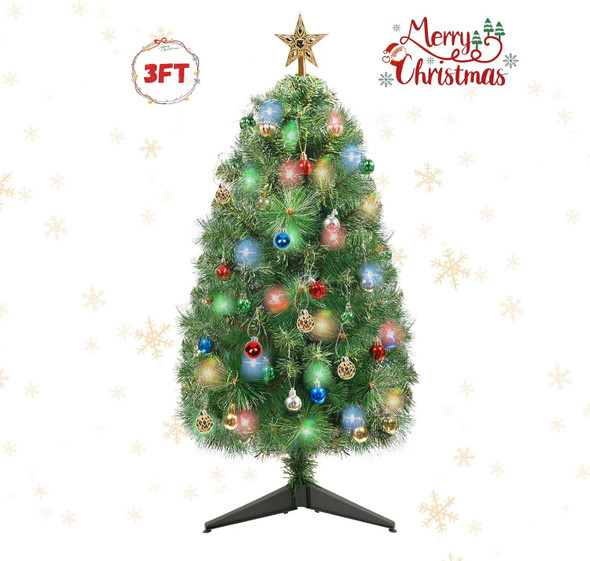 3FT Artificial Christmas Tree, Premium Artificial Small Christmas Tree with String Lights for Home Office Holiday Party Decoration with Foldable Stand, Easy Assembly