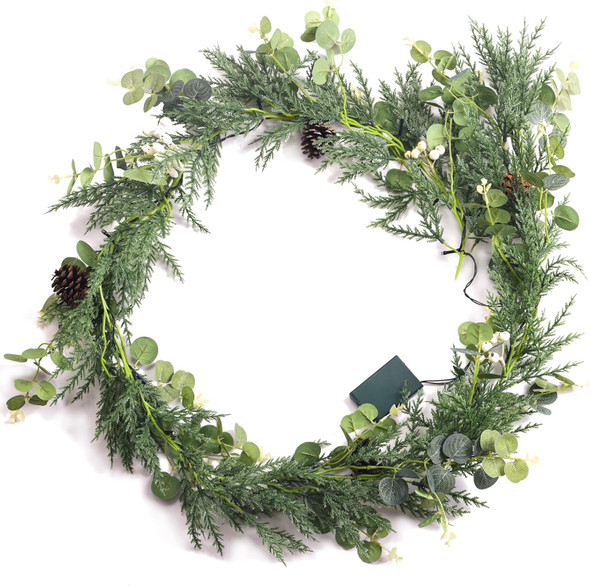 6ft prelit Lighted Christmas Garland with LED Lights,Battery Powered with Pine Cones,Eucalyptus Leaves,Berries, Pine Needles,Christmas Garland for Fireplace Mantle Decorations. (White Berries)