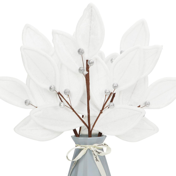 Christmas Tree Picks Leaf Berry Sprays Artificial Velvet Bay Leaves Holly Berries Stems Decorative Sticks for Xmas Tree Topper Vase Filler Branches Flower Arrangment Craft Home Decor Set of 3 (White)