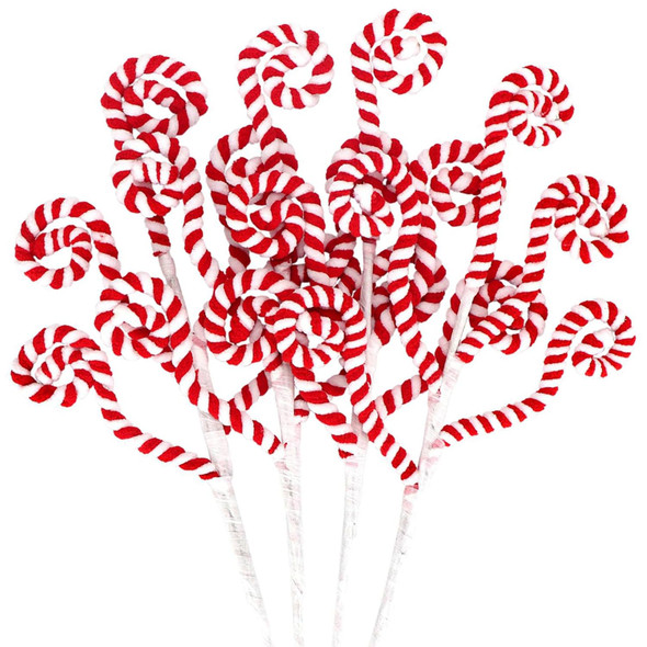4 Pcs Red White Christmas Candy Cane Picks Curly Sprays Ornaments Cotton Peppermint Swirled Branches for Xmas Tree Topper Stems Decorations Vase Filler DIY Craft Wreath Garland Home Holiday Decor