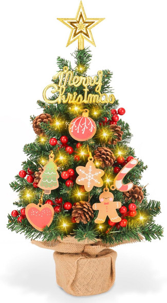 Artificial Mini Christmas Tree, 21 Inch Small Tabletop Xmas Tree with Star Treetopper Hanging Ornaments for Holiday Indoor Home Desktop Christmas Decoration