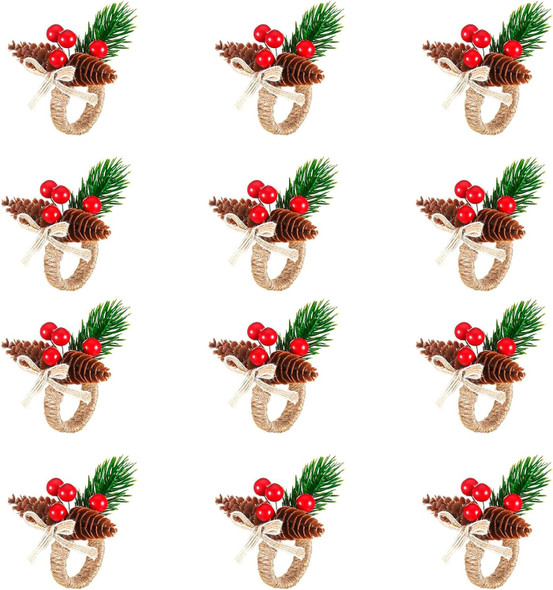12 Pieces Christmas Napkin Rings - Thanksgiving Napkin Holders Set of 12 Rustic Wreath Napkin Rings for Xmas