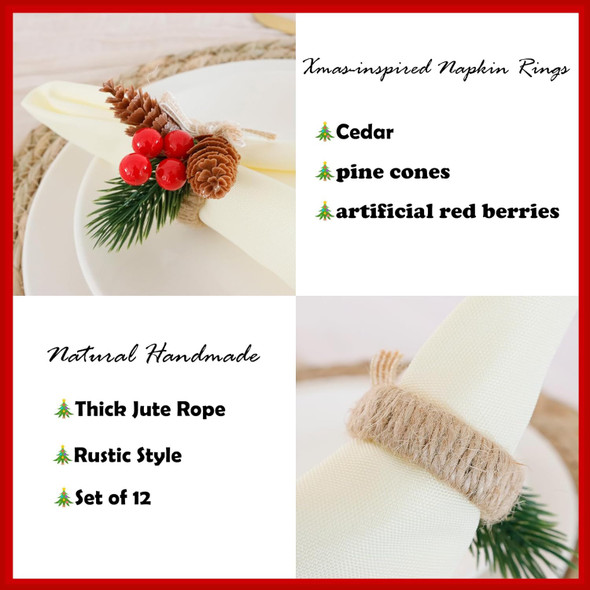 12 Pieces Christmas Napkin Rings - Thanksgiving Napkin Holders Set of 12 Rustic Wreath Napkin Rings for Xmas
