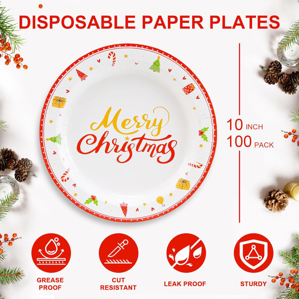 Lamosi 100Pcs Christmas Paper Plates, Paper Plates Christmas Party Supplies, 10 inch Disposable Dinner Plates for Birthday Holiday Wedding Event