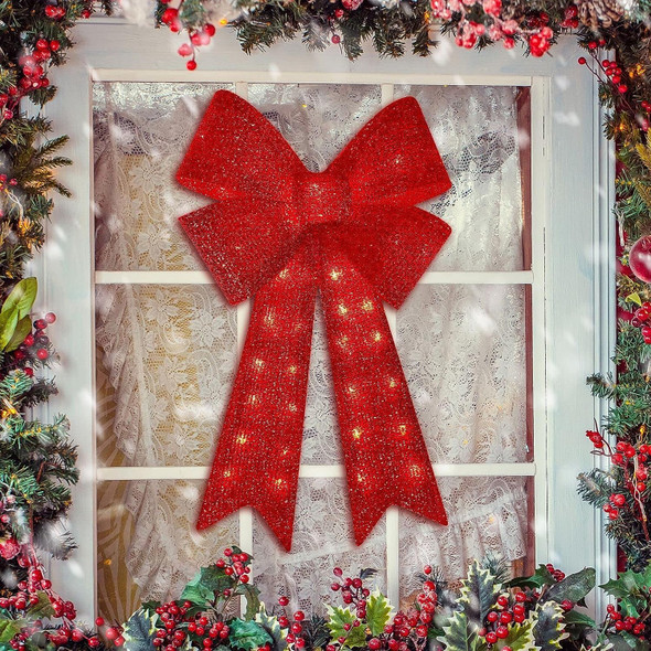 Christmas Glitter Red Bow，Lighted Large Christmas Bows Wreath Decoration,Christmas Tree Topper Decorative Bow for Indoor Outdoor Christmas Parties Decorations (32IN 72LED)