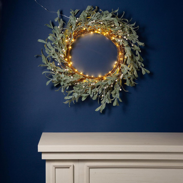 LampLust Christmas Wreaths for Front Door, 20 Inch Flocked Mistletoe Wreath with Pearly White Berries, 75 LED Lights, Timer, Battery Powered, Farmhouse Wreath, Christmas Decorations Holiday Decor