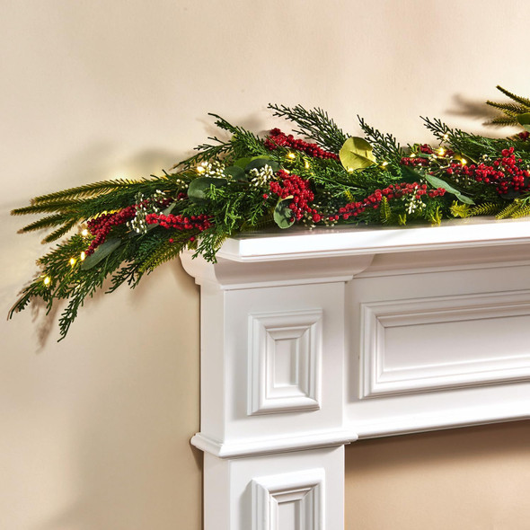 LampLust Christmas Garland with Lights, 6 Ft Lighted Garland, Greenery Garland with Red Berry & Eucalyptus, 100 LED Lights, Battery Powered Timer Included, Garland for Mantle Christmas Decorations