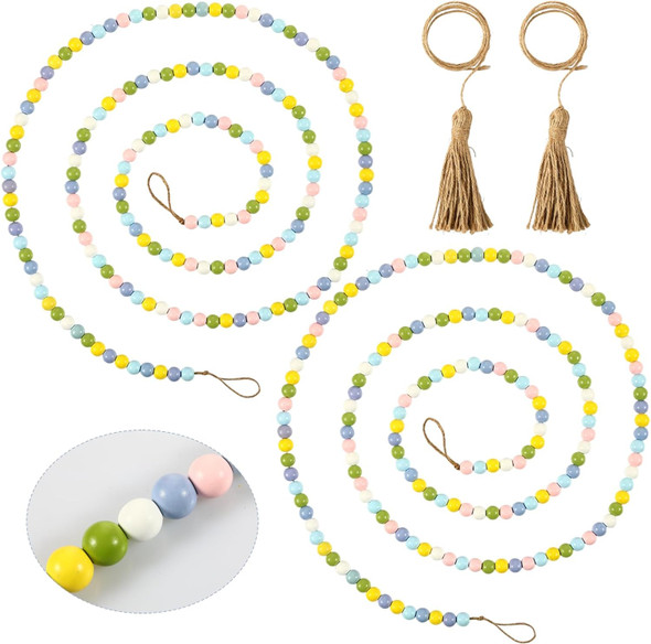 2 Pcs 16.4 ft Wood Beads Pastel Garland and 2 Pcs 88.19 Inch Jute Rope Tassel 2.5 Meter Spring Colorful Wooden Beads and 1 Meter Boho Rope for Home Tiered Tray Christmas Tree Decorations