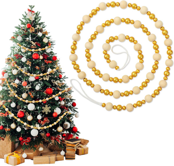 67.2 Inch Christmas Bead Garland Wood Bead Garland for Christmas Tree Decorations Gold and White Wood Bead Garland Rustic Wooden Bead Garland for Farmhouse Table Wall Boho Hanging Ornaments