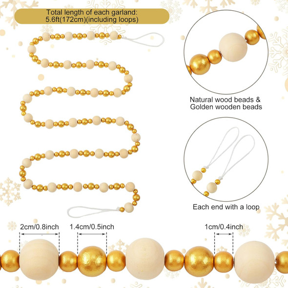67.2 Inch Christmas Bead Garland Wood Bead Garland for Christmas Tree Decorations Gold and White Wood Bead Garland Rustic Wooden Bead Garland for Farmhouse Table Wall Boho Hanging Ornaments