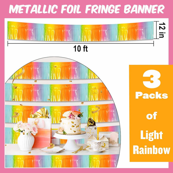 3 Pack 10 Ft Light Rainbow Foil Fringe Garland Metallic Streamers Tinsel Banner Wall Hanging Garland Backdrop for Parade Floats, Halloween, Christmas, Thanksgiving, Year Party Decorations