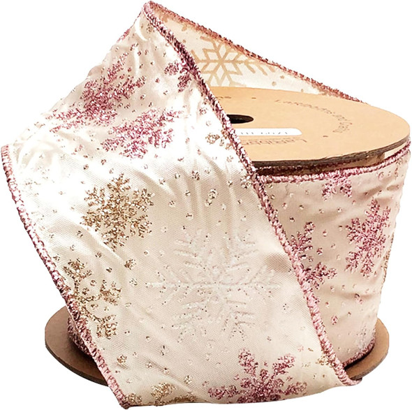 LaRibbons Pink Christmas Wired Ribbon, 2.5 Inch x 10 Yards Champagne Pink Snowflake Satin Ribbon for Tree Decoration,Wreath,Bows, Wrapping