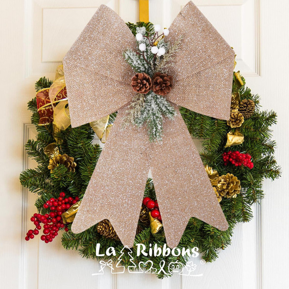 LaRibbons Christmas Bows for Wreaths,18 x 13 Inch Large Plastic Burlap Christmas Bows with Pine Cone for Tree, Indoor Outdoor Decoration