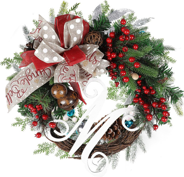 LASPERAL Artificial Christmas Door Wreath, 17" Vintage Winter Welcome Wreath for Front Door Artificial Red Holiday Wreath with Red Bow, Berries, Pine Core for Xmas Indoor Outdoor Decoration