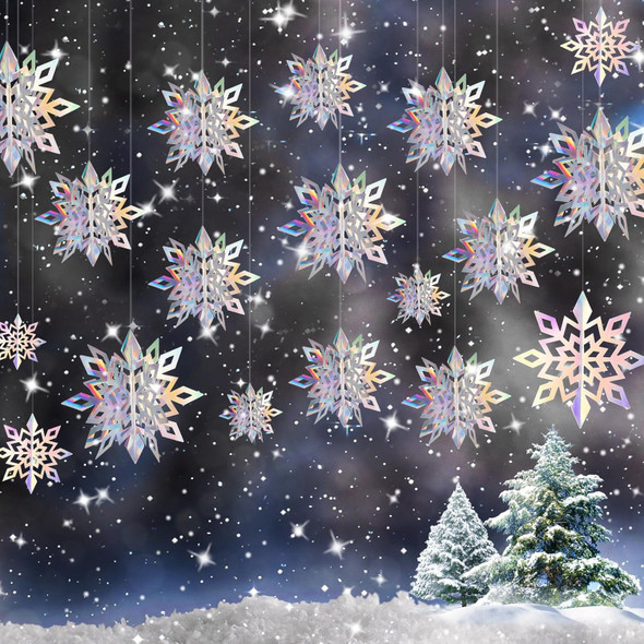 3D Hanging Snowflake Decorations - 48Pcs Large Holographic Snowflakes in 3 Sizes Christmas Tree Hanging Ornaments for Winter Wonderland Decorations Frozen, Snowflakes Birthday Party, Rainbow