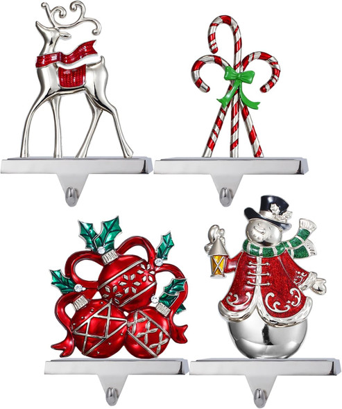 Set of 4 Christmas Stocking Holders for Mantel,Deer Snowman Stocking Hangers for Fireplace Candy Cane Holder Hanger for Stocking/Garland,Metal Stocking Hooks for Xmas Decoration (Christmas Set)