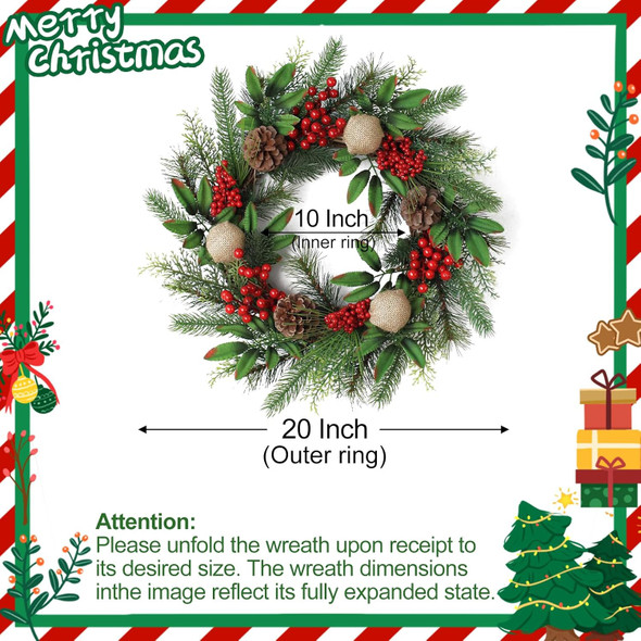 Christmas Wreath for Front Door,20 Inch Christmas Wreath Decorations with Wintry Pine, Decorated with Pine Cones, Berry Clusters, Frosted Branches for for Home Wall Window Porch Indoor Outdoor Decor