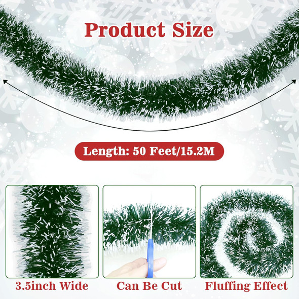 50Ft Christmas Tinsel Garland with Snowflake Tip,Green Metallic Twist Garland for Christmas Tree Decorations,Xmas Tree Decor Holiday Ceiling Hanging Indoor Outdoor Party Supplies
