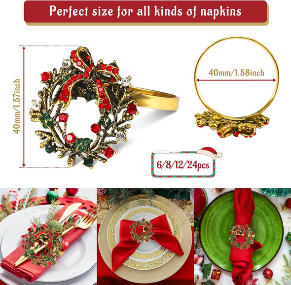 Legigo Set of 6 Christmas Wreath Napkin Rings Set- Metal Xmas Napkin Ring Holders for Cloth Napkins, Christmas Holiday Party Dinner Table Decoration