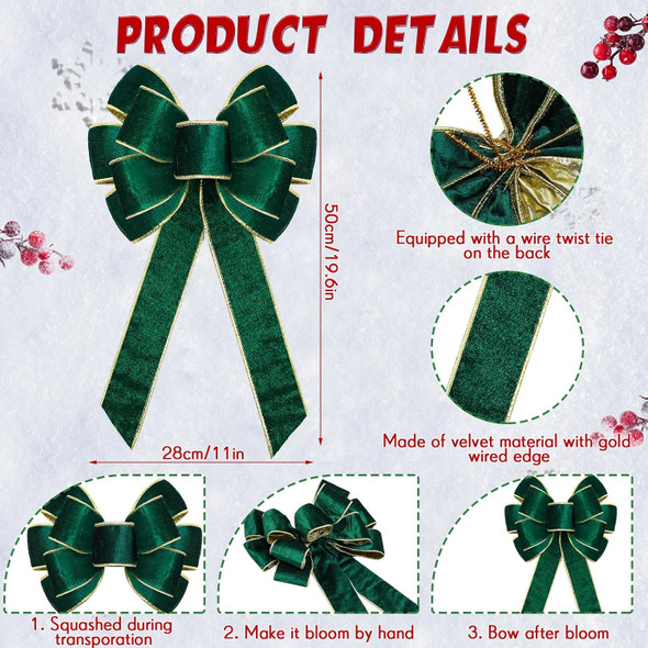 Lenwen 12 Pcs Large Christmas Bows 11 x 19.6 inch Velvet Christmas Wreath Bows Christmas Tree Topper Bow with Golden Edge Big Xmas Ornament for Wreath Home Front Door Decor (Green)