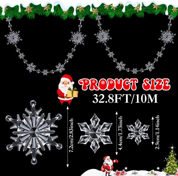 Lewtemi 32.8 Feet Christmas Acrylic Snowflake Garland Christmas Snowflake Ornament Hanging Christmas Snow Flake Streamers for Winter Birthday Party Decorations Supplies Xmas Tree (Clear)