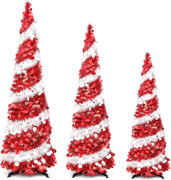 Leyndo 3 Pcs 3, 4, 5 Ft Collapsible Artificial Christmas Tree Pencil Pop up Christmas Tree Tinsel Skinny Red and White Sequined Christmas Tree for Home Fireplace Decoration
