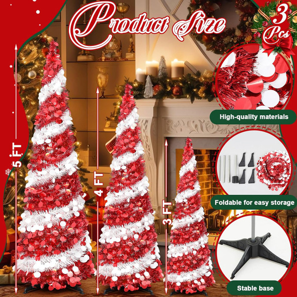 Leyndo 3 Pcs 3, 4, 5 Ft Collapsible Artificial Christmas Tree Pencil Pop up Christmas Tree Tinsel Skinny Red and White Sequined Christmas Tree for Home Fireplace Decoration