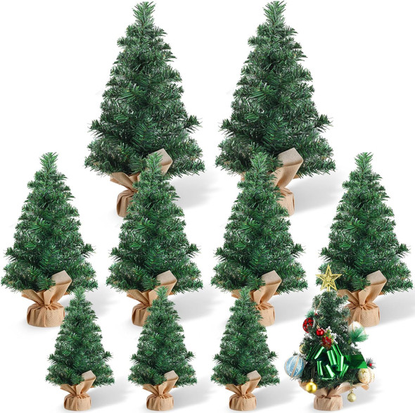Libima 10 Pieces Tabletop Mini Christmas Tree 15.7 Inch 11.8 Inch 7.9 Inch Artificial Green Xmas Pine Tree Christmas Decorations for Home Miniature Trees with Linen Base for Dining Kitchen Desk Home
