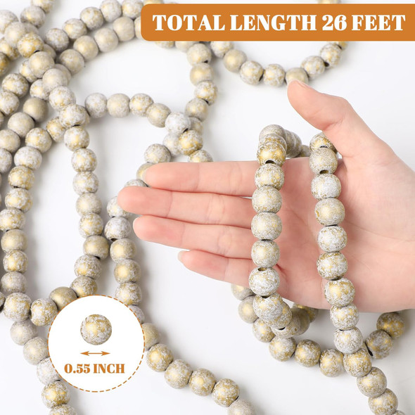 Libima 26 Feet Christmas Wooden Bead Garland Christmas Tree Decorations Rustic Farmhouse Bead Garland Bead Garland Boho Vintage Garland for Xmas Tree Holiday Decorations(Gold)