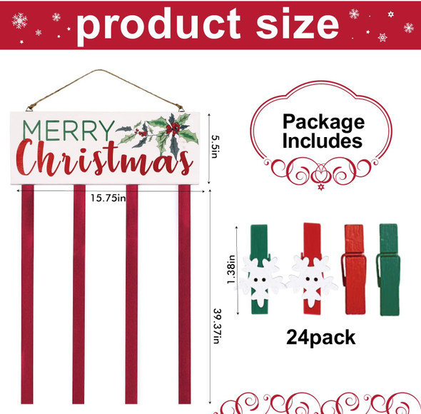 Christmas Card Holder Wall Display Merry Christmas Wooden Hanging Picture Holder with 24 Clips for Holiday Décor
