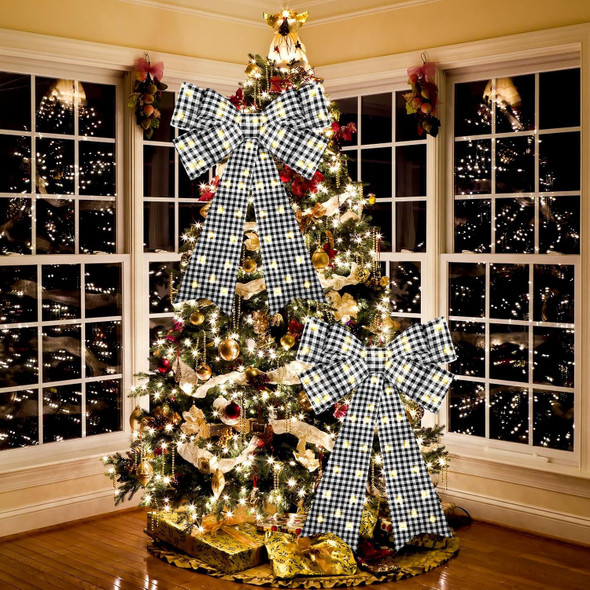 Liliful 2 Pcs 18 x 32 in LED Christmas Wreath Bows Extra Large Bows 72 LED Lights Wreath Huge Bow Door Wall Xmas Tree Top Decor for Indoor Outdoor Winter Xmas Party(Black White Buffalo Plaid)