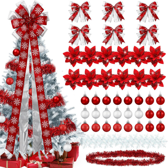 Liliful 63 Pcs Christmas Decorations Set Including Large Bow Christmas Tree Topper Glitter Bow Knots Poinsettia Flowers Metallic Tinsel Garland Balls Ornament White Snowflake Decor (Red)