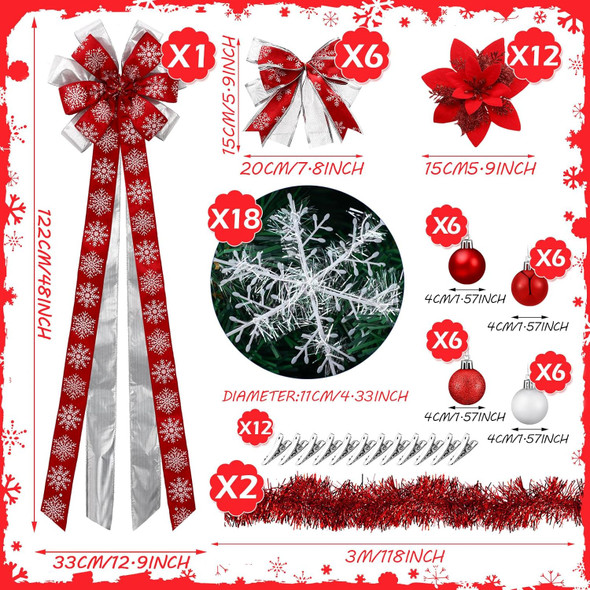 Liliful 63 Pcs Christmas Decorations Set Including Large Bow Christmas Tree Topper Glitter Bow Knots Poinsettia Flowers Metallic Tinsel Garland Balls Ornament White Snowflake Decor (Red)