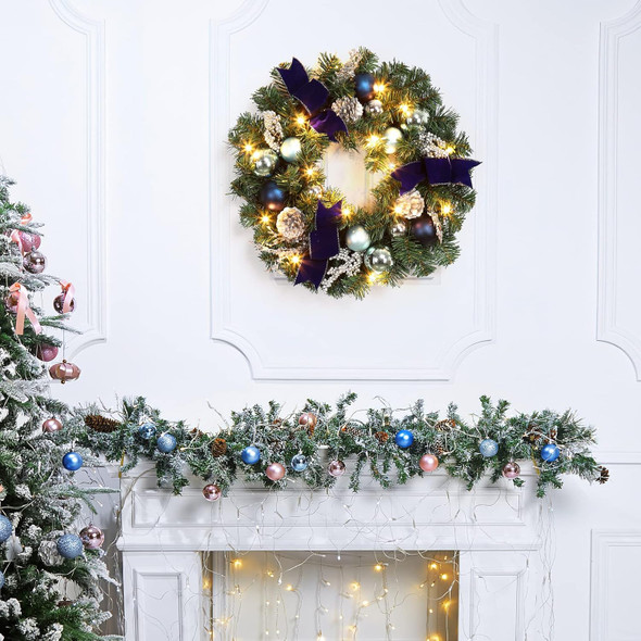 LinTimes Christmas Wreaths, 18 Inch Christmas Wreath for Front Door with 15 LED Lights, Pre-lit Christmas Decoration with Blue Bows Silver Leaves Ball Ornaments for Christmas Wall Window Decor