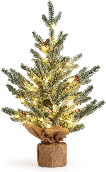 LinTimes 24 Inch Table Top Small Christmas Tree with 50 LED Lights, Prelit Mini Christmas Tree Frosted Pine Tree with Red Berries for Home Table Centerpiece Dining Room Office Desk Decorations