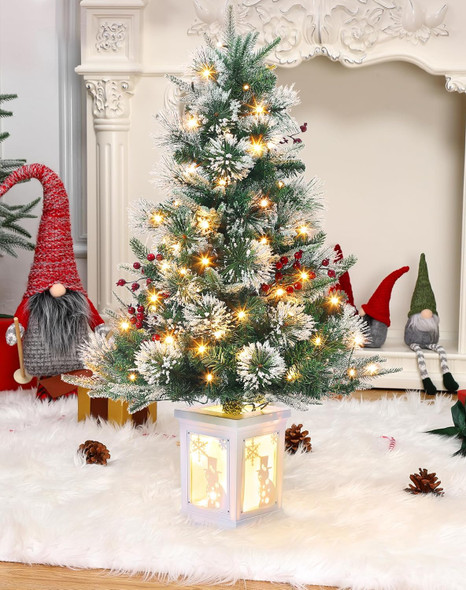 3FT Prelit Snow Flocked Christmas Tree with Prelit Premium 70 LED 8 Mode Battery Powered Mini Small Xmas Tree for Christmas Decoration ,Party,Home,Office,Outdoor,Indoor With Snowman White Base-1PC