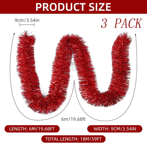 3 Pieces 59 Feet Christmas Foil Tinsel Garland, Metallic Tinsel Twist Garland Shiny Hanging Decorations for Holiday Tree, Party Supplies for Wedding, Birthday, Christmas (Red)
