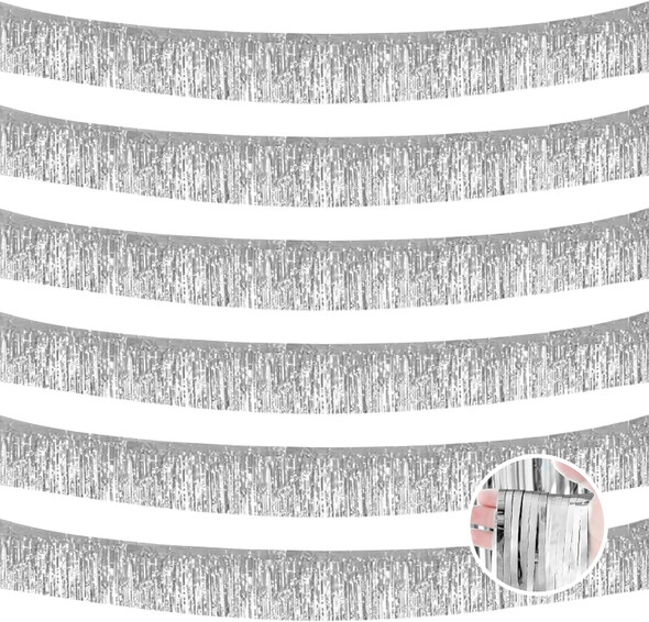 6 Pack 10 Feet Silver Foil Fringe Garland Metallic Foil Tinsel Streamers, Wall Hanging Fringe Curtain Backdrop Tinsel Fringe Banner for Parade Floats, Wedding, Birthday, Christmas Party Decorations