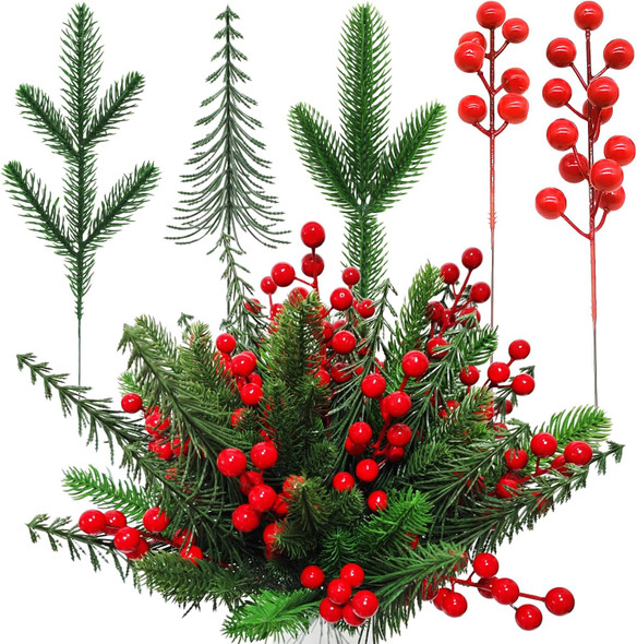 60 Pcs Christmas Artificial Pine Branches with Red Berry Stems Fake Greenery Pine Picks Artificial Red Berry Stems Artificial Pine Needles Branches for DIY Christmas Garland Wreath Xmas Decoration