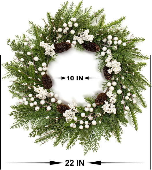 Outdoor Christmas Wreath 22 Inch Winter Wreaths for Front Door Artificial Norfolk Pine Wreath with White Berries and Pine Cones for Xmas Holiday Decoration