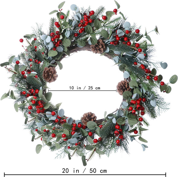 Christmas Wreath-20In Christmas Wreaths for Front Door Winter Wreath with Pine Needles Pine Cones and Red Berries for Winter and Christmas Decor