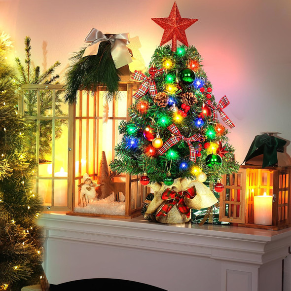 24In Tabletop Christmas Tree, Mini Christmas Tree with 35 LED Lights DIY Ornaments Star Treetopper, Small Xmas Artificial Tree for Holiday Indoor Christmas Decoration (Classic Red)