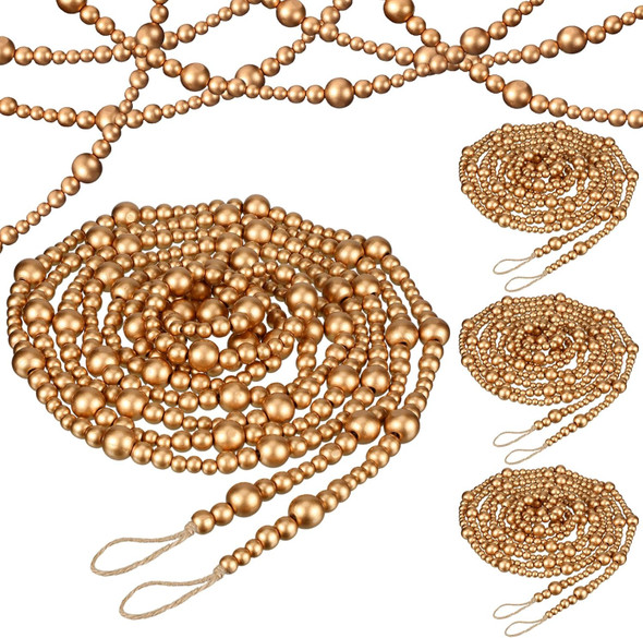 4 Pcs 72 ft Christmas Tree Wood Bead Garland Christmas Wooden Beads Garland Hanging Boho Xmas Decor Rustic Farmhouse Home Decor for Table Wall Holiday Mantel Ornaments (Gold)