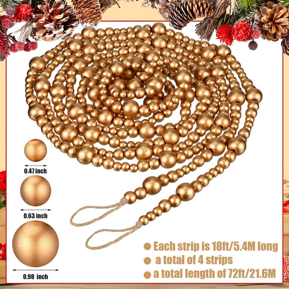 4 Pcs 72 ft Christmas Tree Wood Bead Garland Christmas Wooden Beads Garland Hanging Boho Xmas Decor Rustic Farmhouse Home Decor for Table Wall Holiday Mantel Ornaments (Gold)