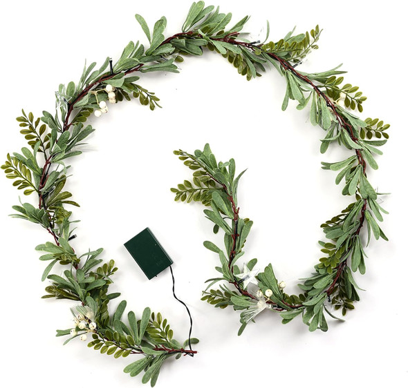 Christmas Garland with Lights, LOFTANK 6.25 FT Pre-lit Artificial Greenery Olive Garland, Battery Operate, Decorate Mantle, Fireplaces, Front Door, Stairs Railing Xmas Decorations